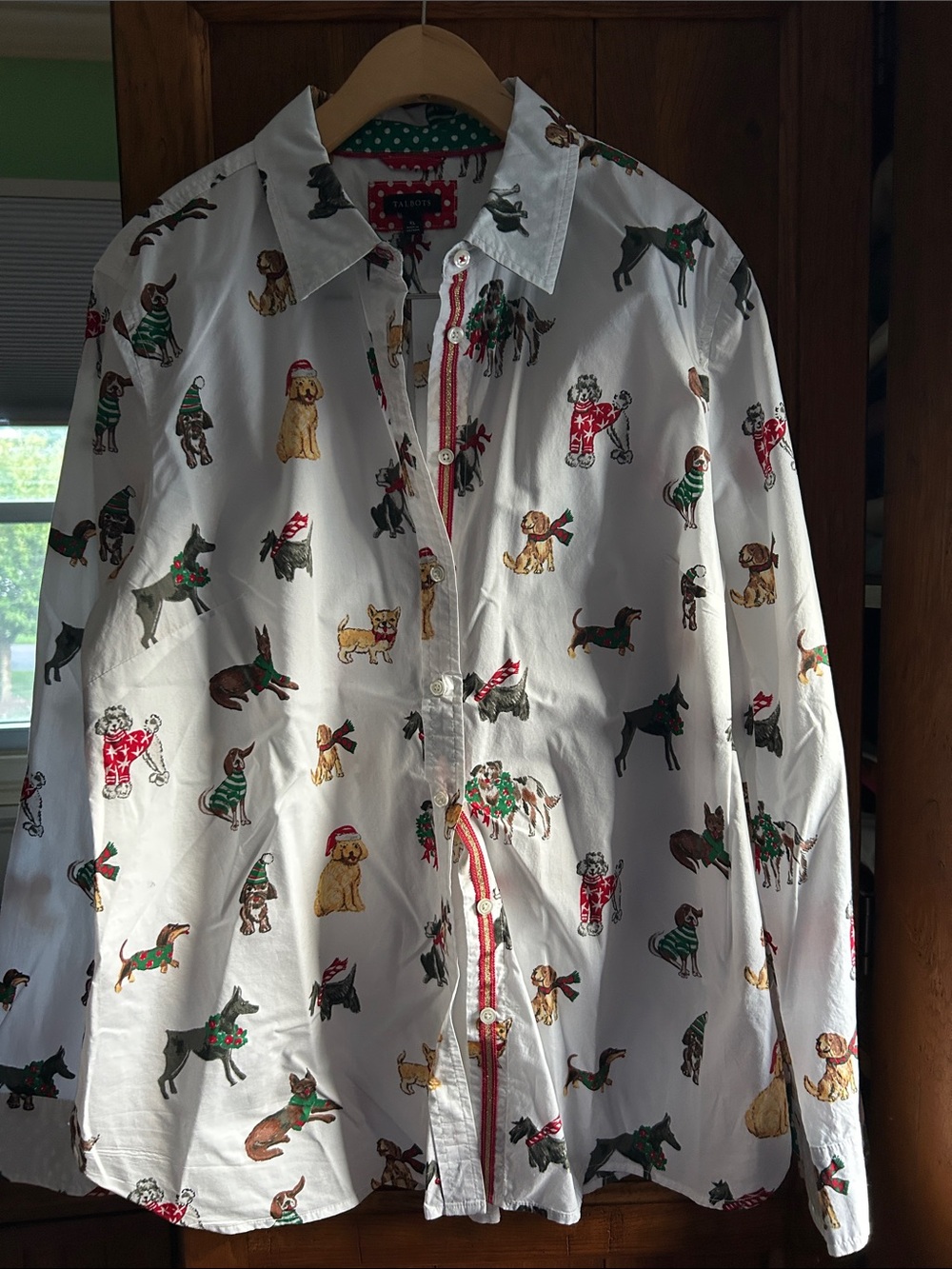 Talbots White Button-Down Shirt with Multicolor Holiday Dog Print
